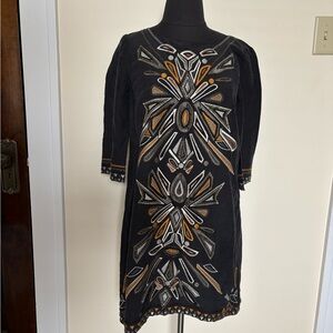 MINT Jodi Arnold Black Silk Linen Dress with Geometric Embroidery and Beading